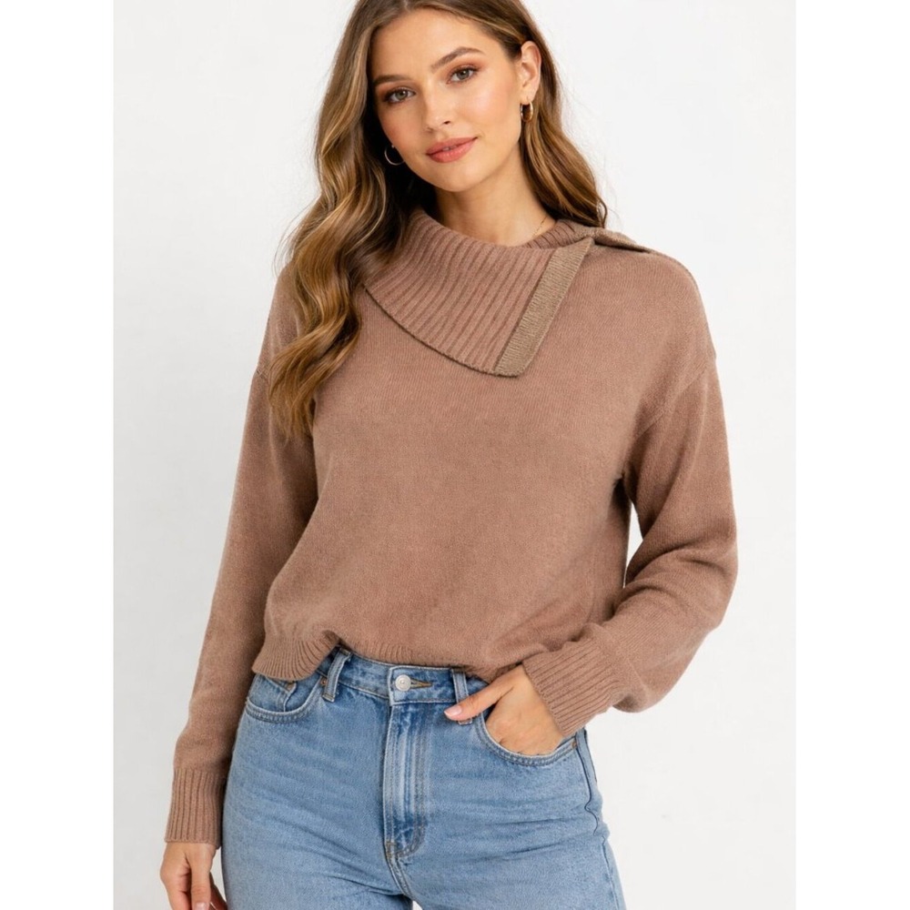 L'AGENCE Camel Brown Metallic Trim Button Collar Knit Sweater 80039SW Medium